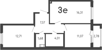 Планировка: Евротрёшка 53,4 м² в ЖК «17 линия»