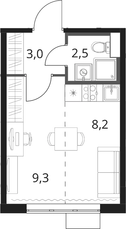 Планировка: Студия 22,9 м² в ЖК «1-й Шереметьевский»