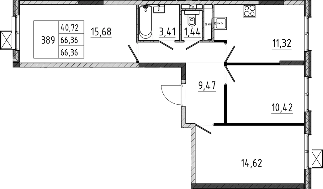 Планировка: 3-комнатная квартира 66,4 м² в ЖК «Поварово-Молодежный-2»