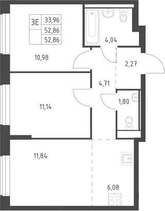 Планировка: Евротрёшка 52,9 м² в ЖК «Горки Парк»