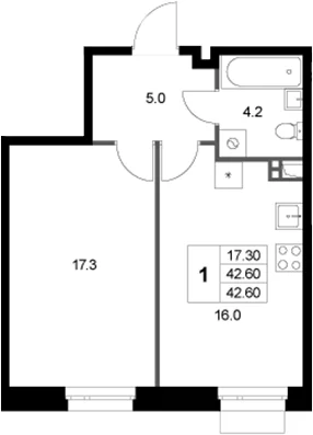 Планировка: 1-комнатная квартира 42,6 м² в ЖК «Кореневский Форт 2.3»