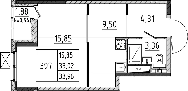Планировка: Студия 33 м² в ЖК «Поварово-Молодежный-2»