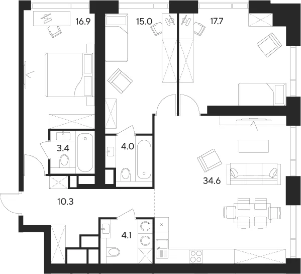 Планировка: Квартира евро-4 106 м² в ЖК «Инди Тауэрз от Аквилон»