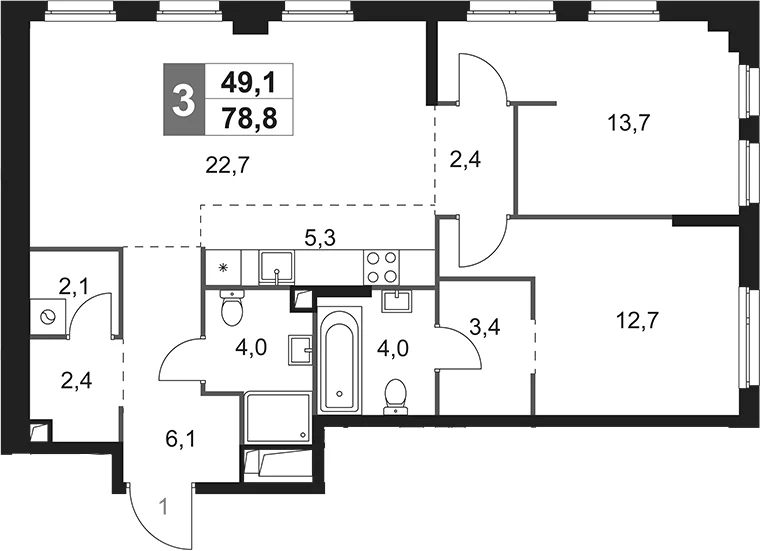Планировка: Евротрёшка 78,8 м² в ЖК «Сидней Сити»