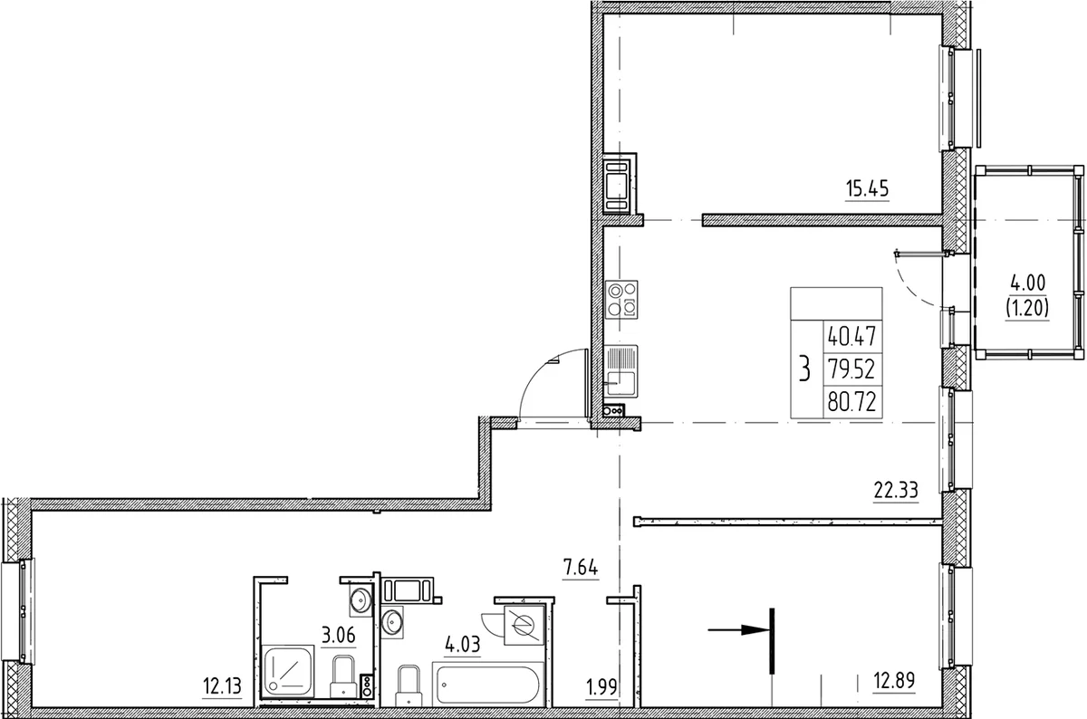 Планировка: Квартира евро-4 79,5 м² в ЖК «Сезоны»