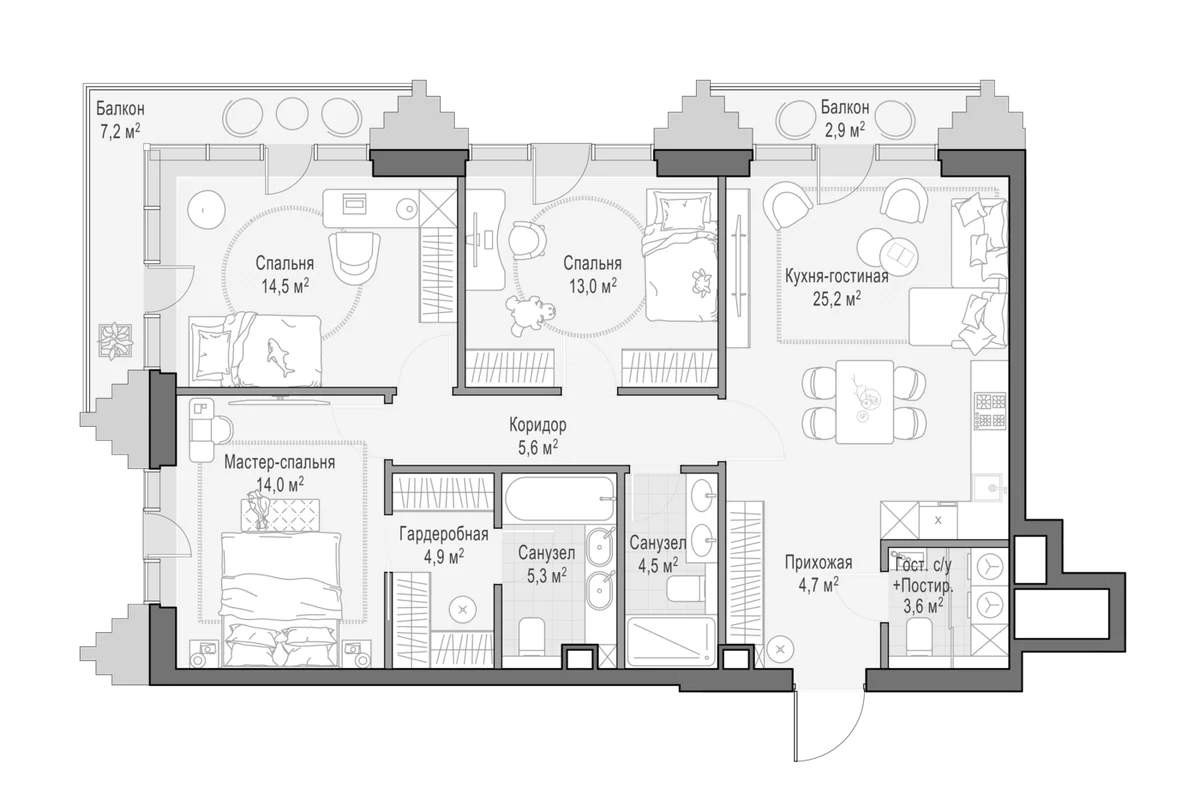 Планировка: Квартира евро-4 95,2 м² в ЖК «Квартал Тишинский бульвар»