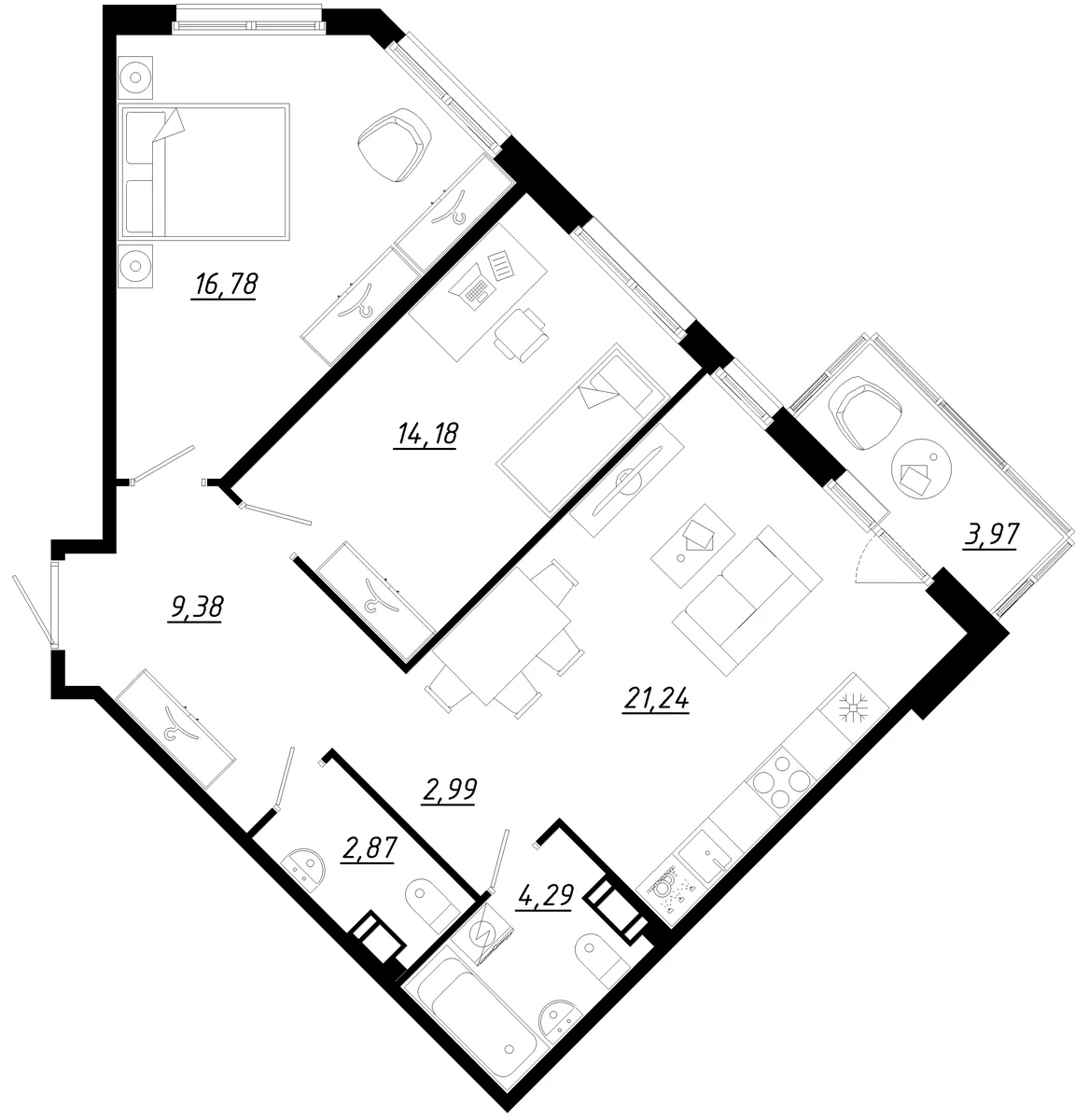 Планировка: Евротрёшка 71,7 м² в ЖК «Счастье 2.0»