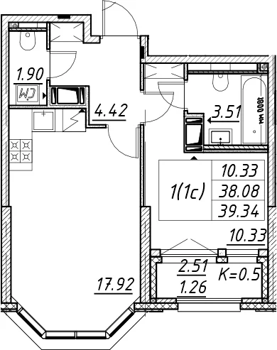 Планировка: Евродвушка 38,1 м² в ЖК «Цивилизация на Неве»