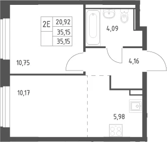 Планировка: Евродвушка 35,2 м² в ЖК «Квартал Ивакино»