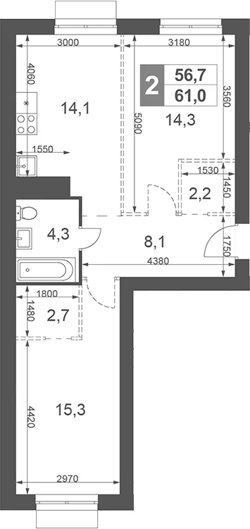 Планировка: 2-комнатная квартира 61 м² в ЖК «Дубровицы Клаб»