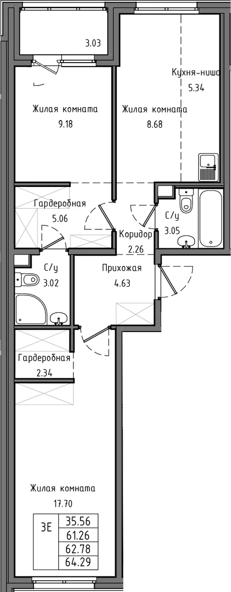 Планировка: Евротрёшка 61,3 м² в ЖК «Тишин»