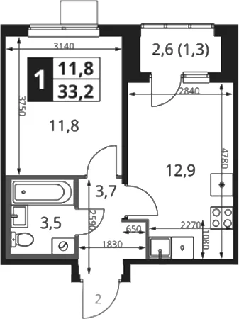 Планировка: 1-комнатная квартира 32,5 м² в ЖК «1-й Ясеневский»