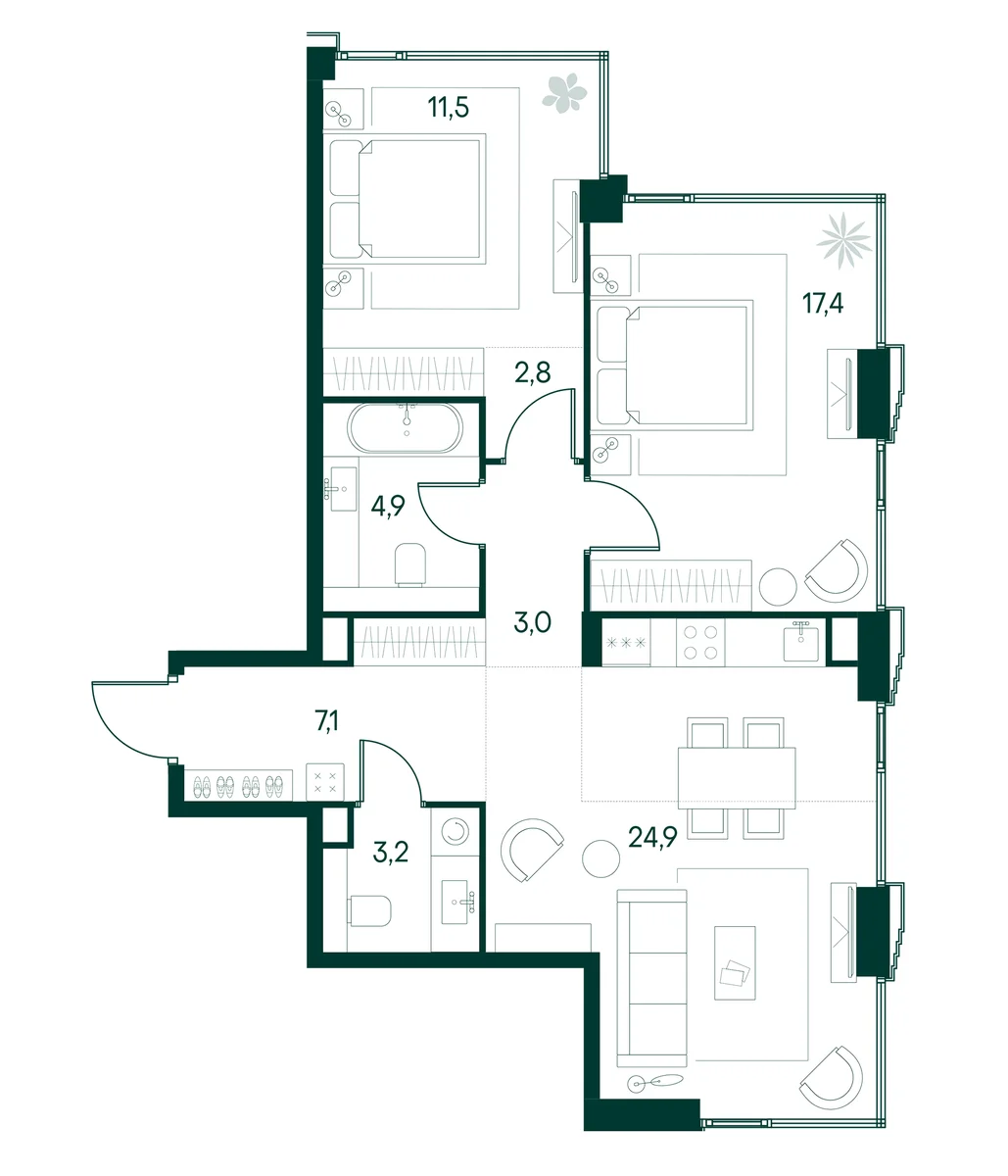 Планировка: Евротрёшка 74,8 м² в ЖК «Клубный город на реке Примавера»
