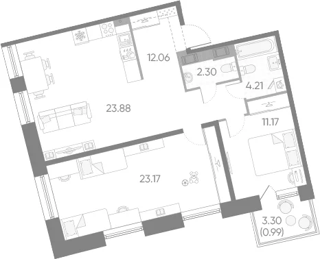 Планировка: Евротрёшка 76,8 м² в ЖК «Бульвар Грина»