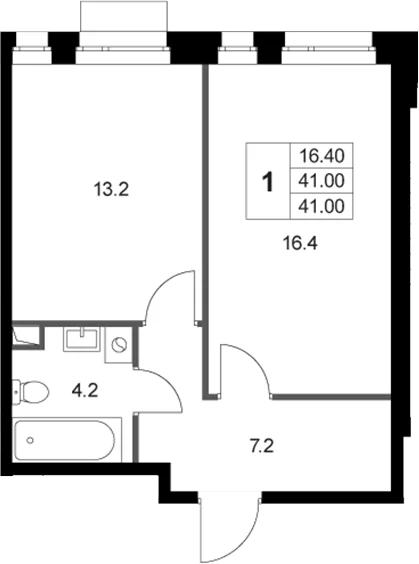 Планировка: 1-комнатная квартира 41 м² в ЖК «Кореневский Форт 2.3»