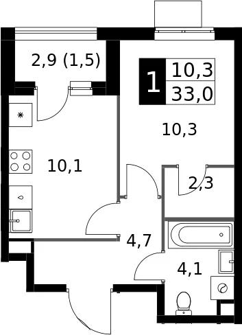 Планировка: 1-комнатная квартира 31,5 м² в ЖК «1-й Измайловский»