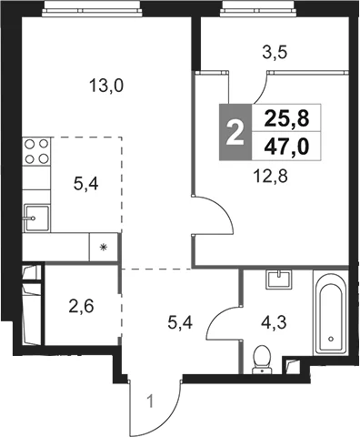 Планировка: Евродвушка 43,5 м² в ЖК «Сидней Сити»