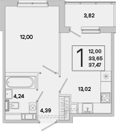 Планировка: Евродвушка 33,7 м² в ЖК «ЮгТаун. Олимпийские кварталы»