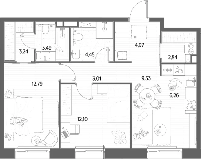 Планировка: Евротрёшка 62,7 м² в ЖК «МЫС»