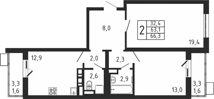 Планировка: 2-комнатная квартира 63,1 м² в ЖК «Пироговская ривьера»
