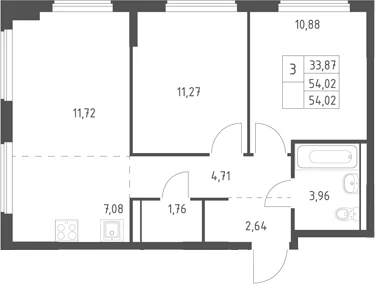 Планировка: Евротрёшка 54 м² в ЖК «Егорово парк»