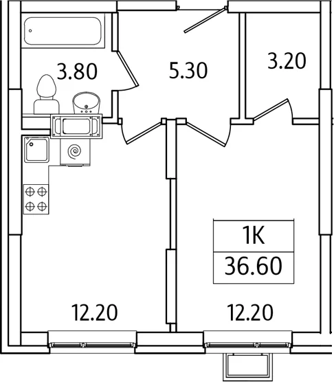 Планировка: 1-комнатная квартира 36,6 м² в ЖК «Видный Берег 2.0»