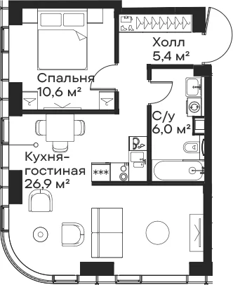 Планировка: Евродвушка 48,9 м² в ЖК «Сити Бэй»