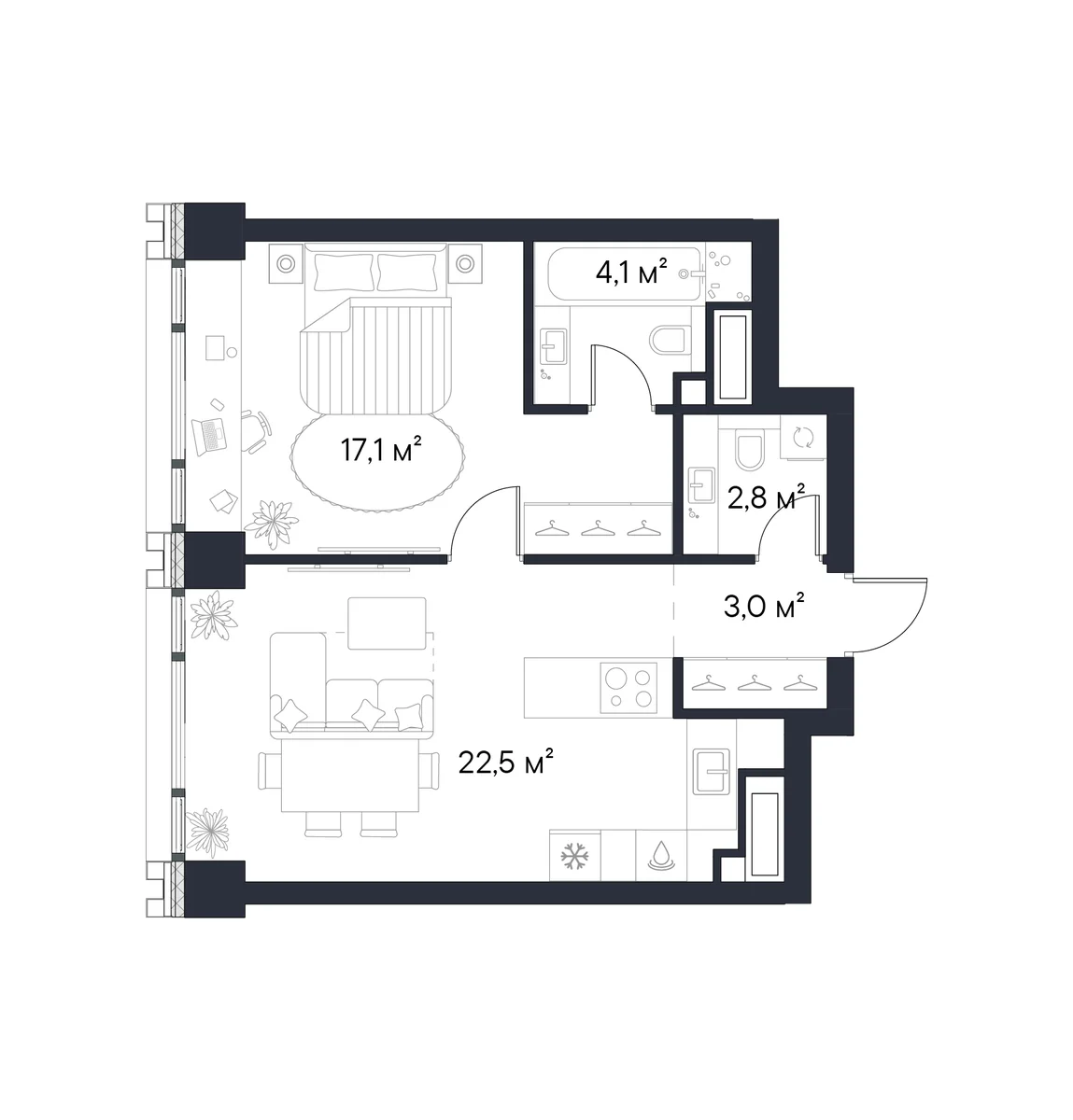 Планировка: 1-комнатная квартира 49,5 м² в ЖК «Первый Нагатинский»