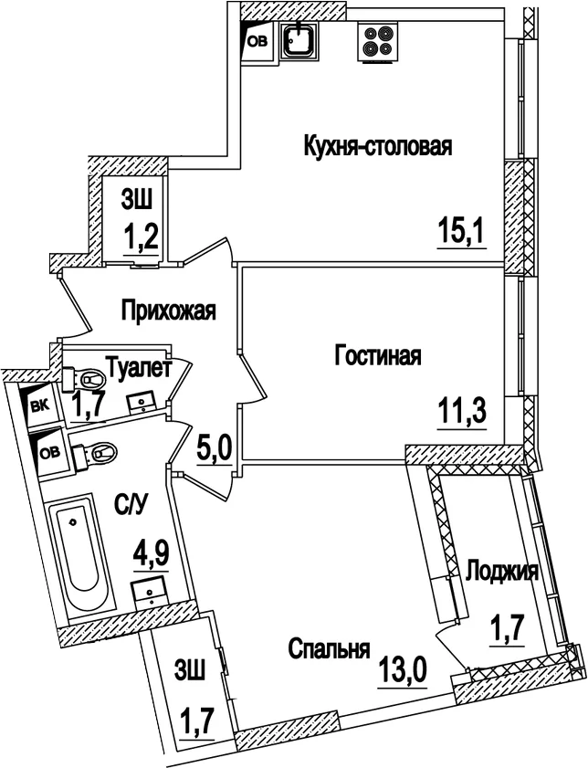 Планировка: Евротрёшка 54,4 м² в ЖК «Рассказово»
