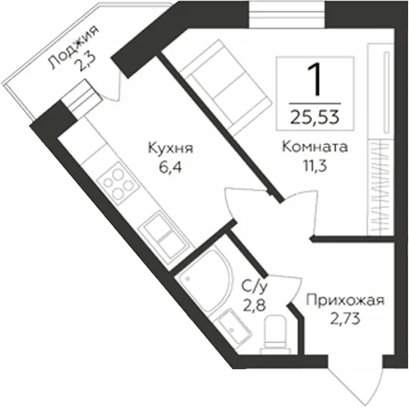 Планировка: 1-комнатная квартира 23,2 м² в ЖК «Гардарика Клаб»