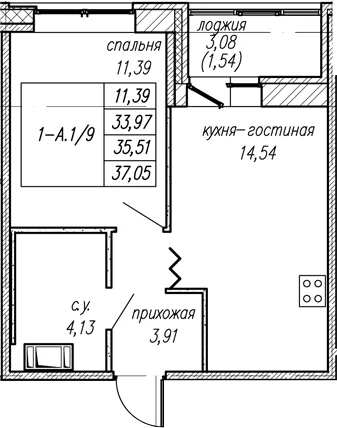 Планировка: 1-комнатная квартира 34 м² в ЖК «Уютный Новоселье»