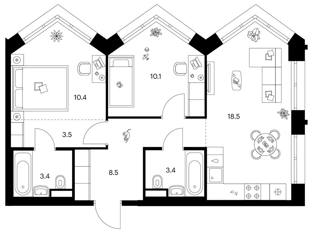 Планировка: 2-комнатная квартира 57,8 м² в ЖК «Лосиноостровский парк»