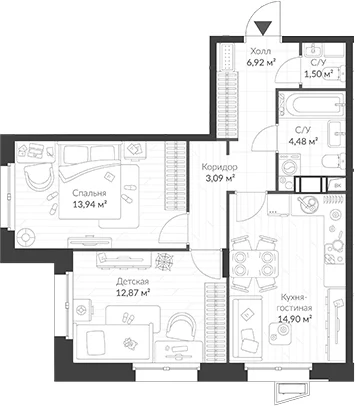 Планировка: 2-комнатная квартира 57,7 м² в ЖК «ВЕРЕН НОРТ Cертолово»