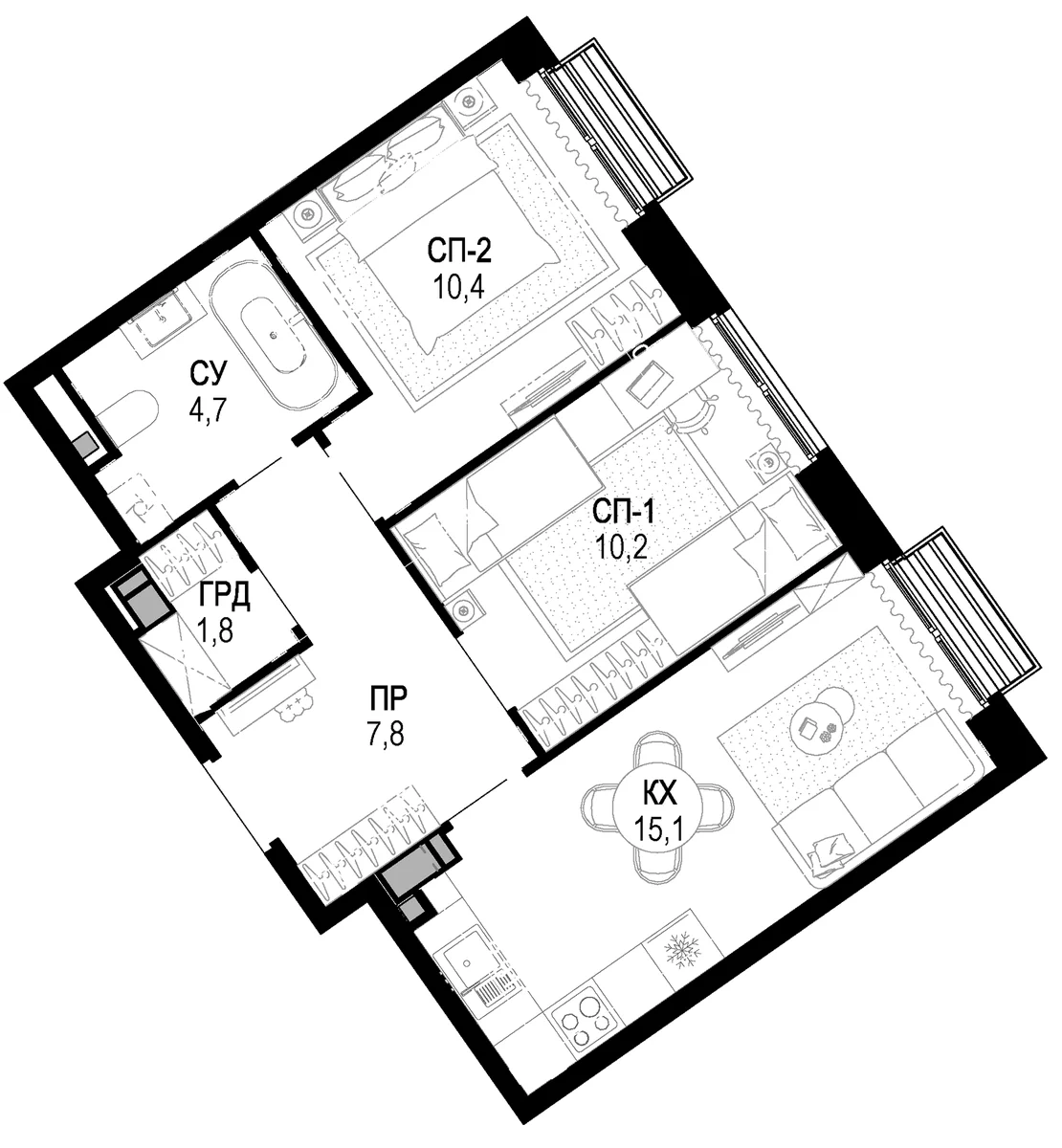 Планировка: 2-комнатная квартира 50,1 м² в ЖК «Новая Звезда»