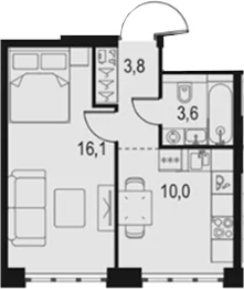 Планировка: 1-комнатная квартира 33,5 м² в ЖК «Левел Южнопортовая»