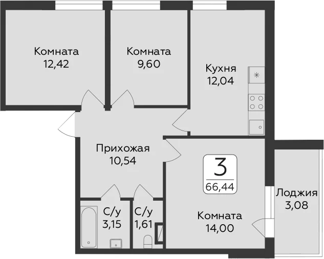 Планировка: 3-комнатная квартира 63,4 м² в ЖК «Панорама Юкки. ГК Развитие. Санкт-Петербург»
