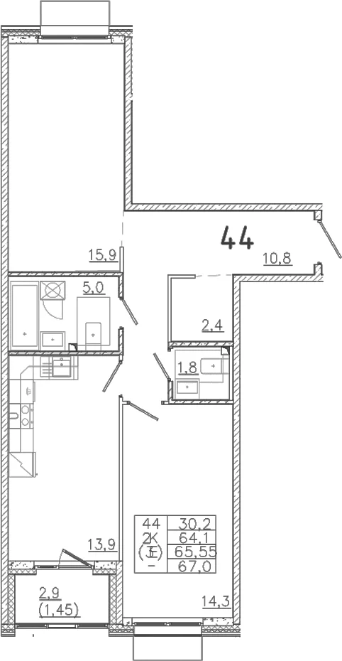 Планировка: Евротрёшка 64,1 м² в ЖК «Лисино»