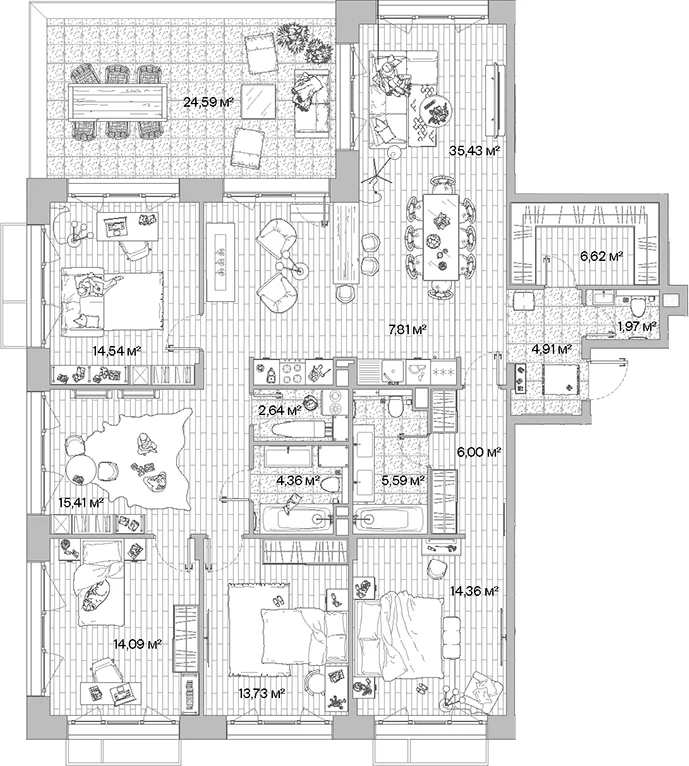 Планировка: Квартира евро-5 147,5 м² в ЖК «МЫС»