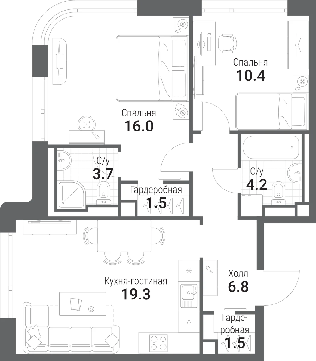 Планировка: Евротрёшка 63,2 м² в ЖК «Нагатино Ай-Лэнд»