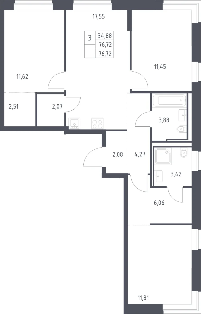Планировка: Квартира евро-4 76,7 м² в ЖК «Литературный Квартал»