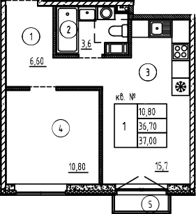 Планировка: Евродвушка 36,7 м² в ЖК «Плюс Пулковский»