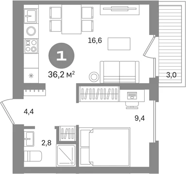 Планировка: 1-комнатная квартира 33,2 м² в ЖК «Первый квартал. Вторая очередь»