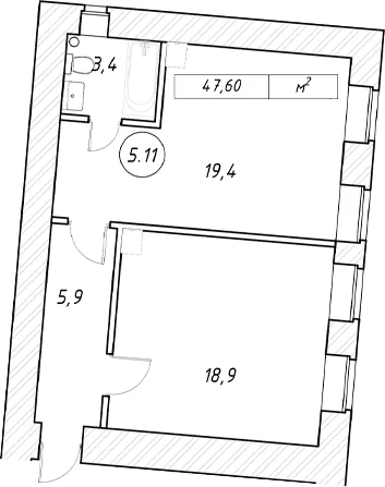 Планировка: Евродвушка 47,6 м² в ЖК «пр-кт Обуховской Обороны, 42 к2»