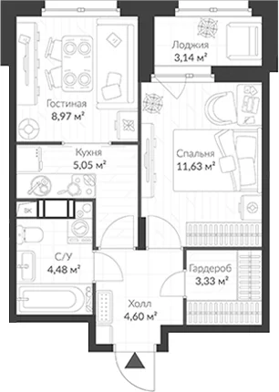 Планировка: Евродвушка 38,1 м² в ЖК «ВЕРЕН НОРТ Cертолово»