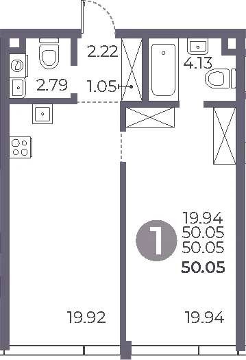 Планировка: 1-комнатная квартира 50,1 м² в ЖК «Мневники от Гранель»