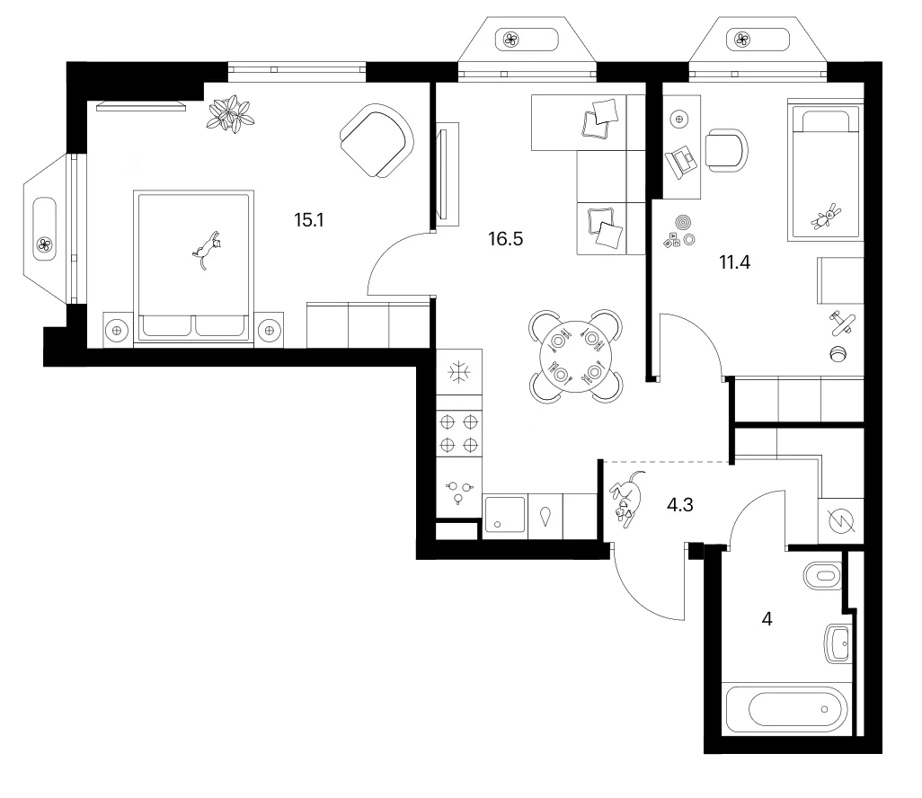 Планировка: 2-комнатная квартира 51,3 м² в ЖК «Зеленый парк»