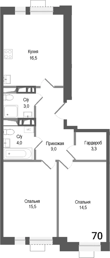 Планировка: Евротрёшка 65,8 м² в ЖК «Киноквартал»