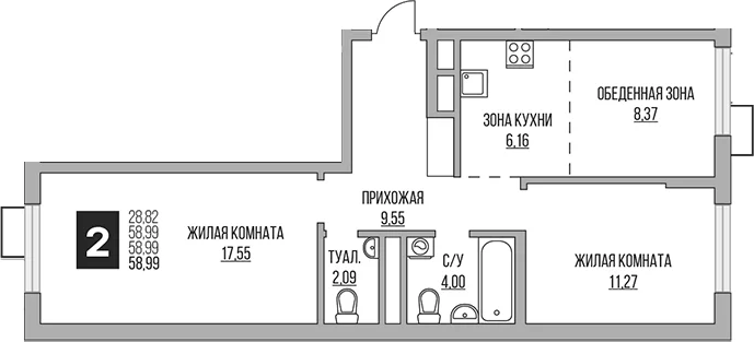 Планировка: 2-комнатная квартира 59 м² в ЖК «Гранель Алексеевская роща»