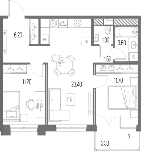 Планировка: Евротрёшка 59,4 м² в ЖК «Легенда на Охте»