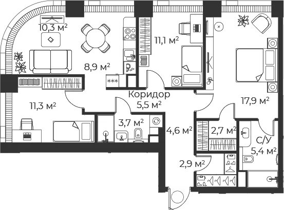 Планировка: Квартира евро-4 84,1 м² в ЖК «Веер»
